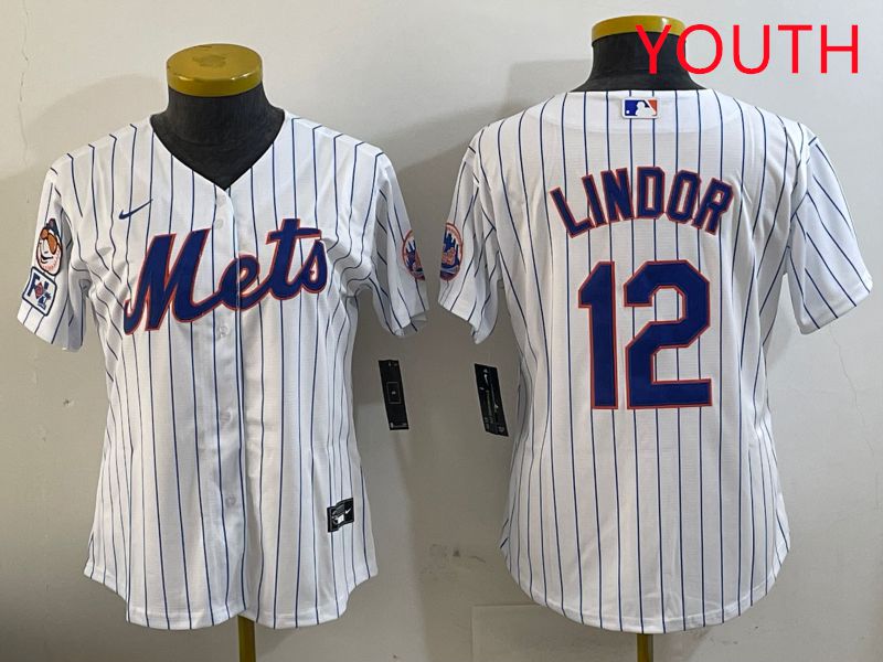 Youth New York Mets #12 Lindor White Stirpe Game Fashion 2025 Nike MLB Jersey style 1->youth mlb jersey->Youth Jersey
